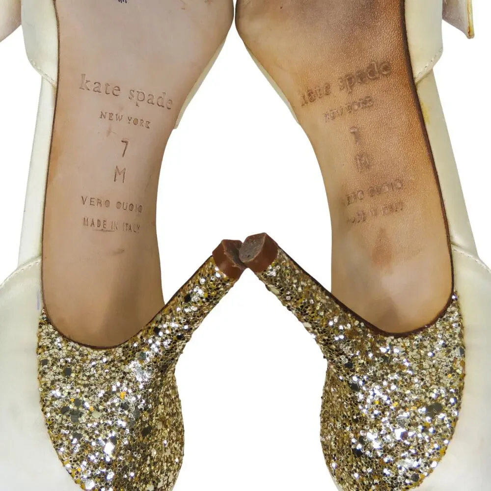 Kate Spade New York Sala D'Orsay Pump Heels Ivory Satin Bow Glitter Heel Size 7